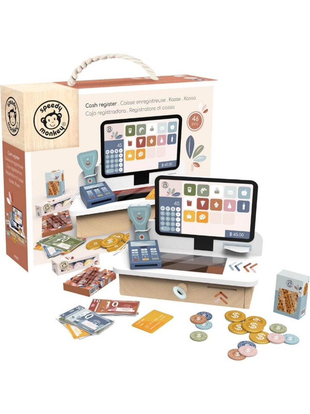 Wooden Cash Register Playset | 12-Piece Pretend Shopping Toy for Kids
